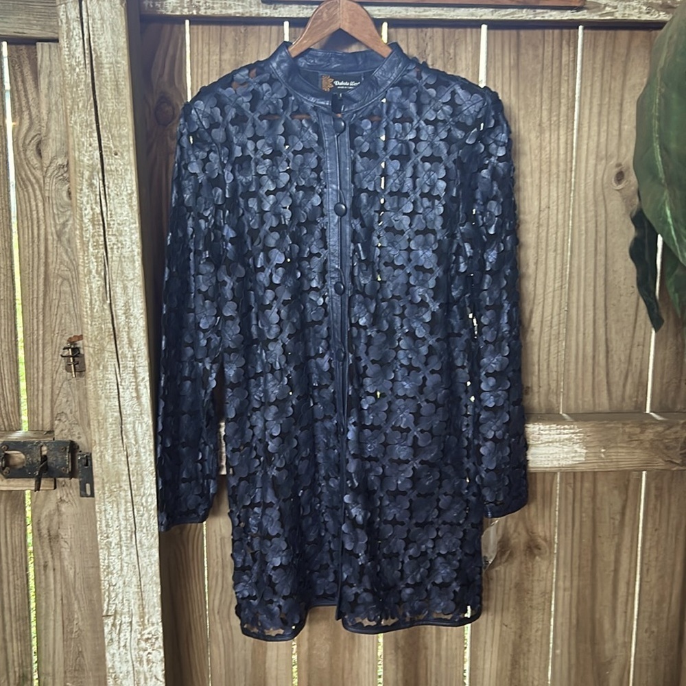 Dakota West Leather Mesh Women’s 3D Daisy Duster Jacket Size L Navy Blue - Picture 2 of 9